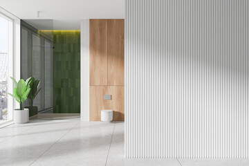 Spacious bathroom with wooden and green tiles, white plant pot, and striped wall. Minimalist interior concept. 3D Rendering