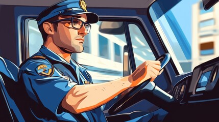 Illustrate a professional driver in uniform, ready to start a day of work.