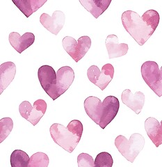 Cute pink heart seamless pattern, watercolor