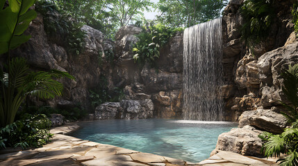 A panoramic view of a secret waterfall cascading into a tranquil pool, surrounded by rugged rocks and dense vegetation