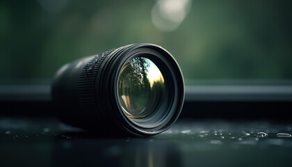 Close-up of a camera lens resting on a wet surface, reflecting light and nature.