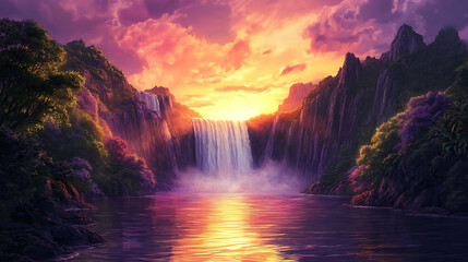 A vibrant sunset illuminating a secret waterfall, with the colorful sky reflecting on the water and lush landscape surrounding it 