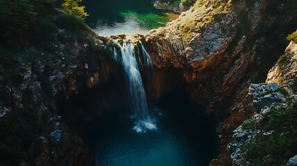 Naklejka premium An aerial view of a secret waterfall nestled in a mountainous area, showcasing its remote location and natural surroundings 