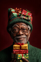 Fototapeta premium Festive Portrait of African American Elderly Male Christmas Dress Green Elf Sweater And Holding Christmas Gift