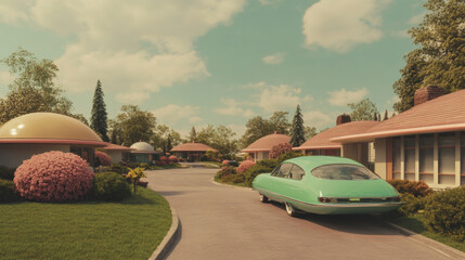 Retro futuristic neighborhood with classic car and vintage architecture under blue skies