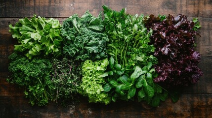 Obraz premium Leafy greens and herbs arranged on a wooden table