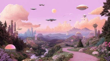 Fototapete Rund Futuristic landscape with flying saucers and fantasy city under a pink sky © Kepler