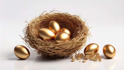 Isolated golden eggs in a nest on a clear or white background, png-