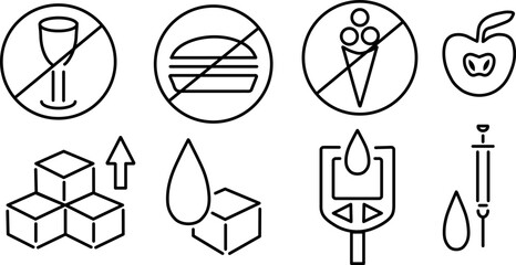 Diabetes vector icons set with Editable strokes. High sugar, Diet, Prohibition food icons, glucometer.