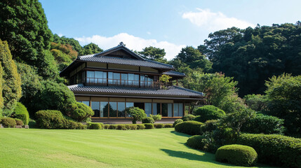 A traditional Japanese house with a tiled roof and large windows, situated on a hillside surrounded by green trees and a manicured lawn