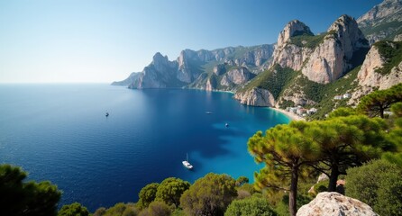The Faraglioni, Capri, Italy, towering rock formations rising from the blue sea under bright skies, showcasing the iconic coastal beauty of Capri.