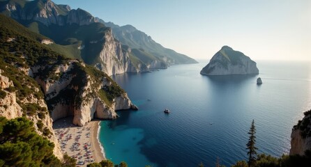 Fototapeta premium The Faraglioni, Capri, Italy, towering rock formations rising from the blue sea under bright skies, showcasing the iconic coastal beauty of Capri.