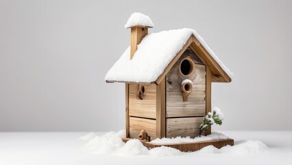  An isolated snow-covered birdhouse against a clear or white background-