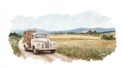 Vintage truck on rustic farm road with scenic wheat field and barn background