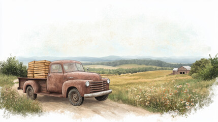 Fototapeta premium Vintage pickup truck in scenic countryside landscape with barns and wildflowers