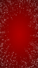 Snowfall overlay christmas background. Subtle flying snow flakes and stars on christmas red background. Festive snowfall overlay. Vertical vector illustration.