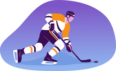 Obraz premium Vibrant flat illustration of a hockey player in uniform with a stick on ice hitting a puck at speed.