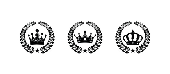 Black crown with laurel wreath winner frame logo design black laurel wreath isolated on white background. Trophy, award, champion concept. vector design and illustration.