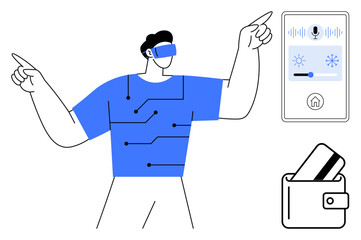 Man wearing a VR headset points at icons on interactive screen controlling lights and temperature. Wallet with credit cards nearby. Ideal for smart home technology, ARVR, fintech, innovation, app