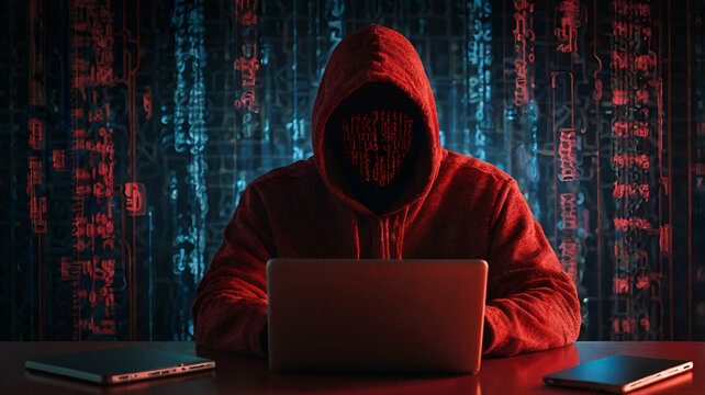 faceless hackers in red shadows using laptops with abstract background.