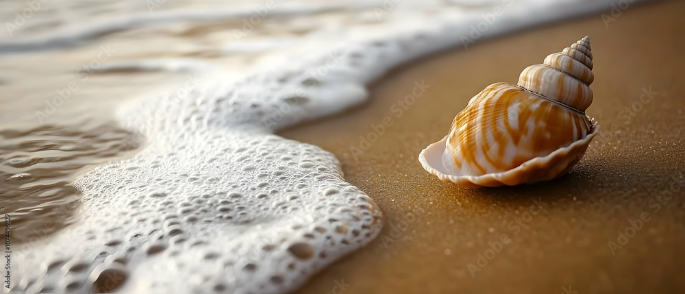 Poster seashell on the beach with foamy wave.