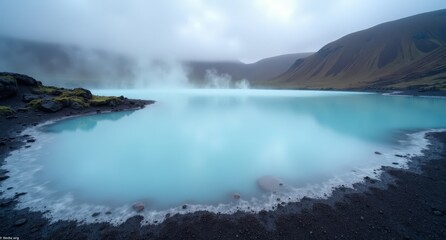 Fototapeta premium Blue Lagoon, Iceland, steaming turquoise waters surrounded by rugged lava fields, capturing Iceland's unique geothermal beauty and serene atmosphere.