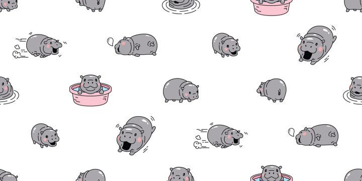 Baby Hippo seamless pattern pygmy hippo icon vector smiling hippopotamuses running swimming zoo sleeping pet animal cartoon character doodle tile background gift wrapping paper repeat wallpaper scarf 