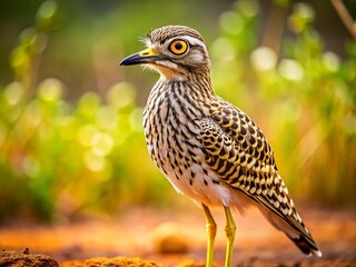 Fototapeta premium Full Body Close-Up of a Spotted Thick Knee Burhinus Capensis in the Savannah, Showcasing Its Unique Patterns and Habitat in a Tilt-Shift Photography Style