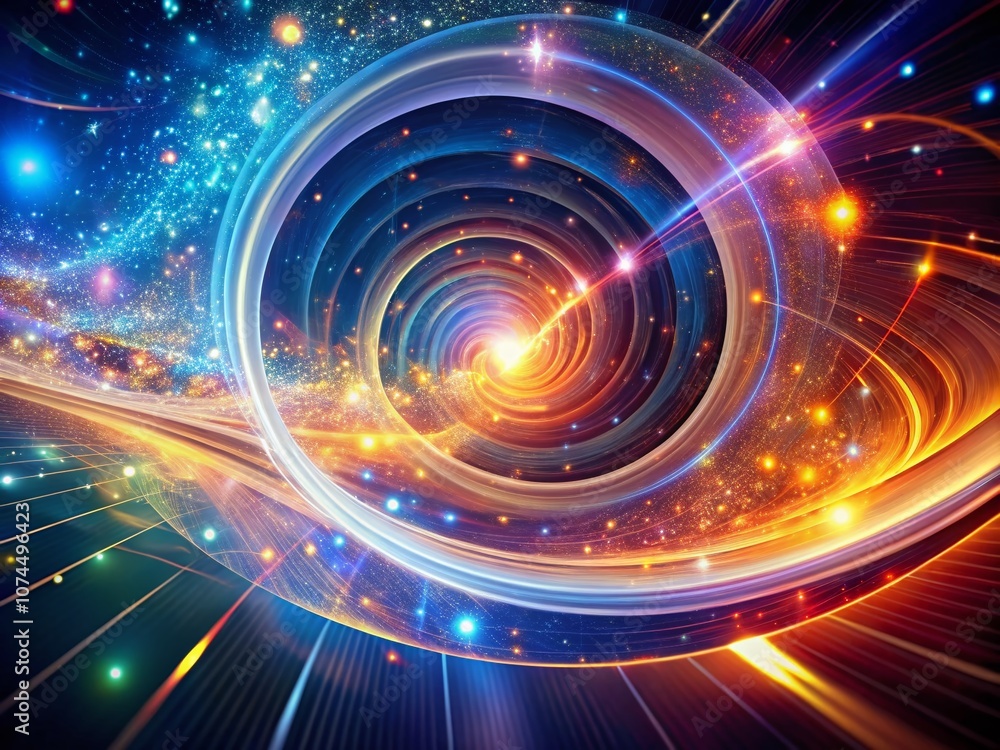 Poster futuristic abstract background with luminous swirling glowing spiral lines in space, creating a hypn