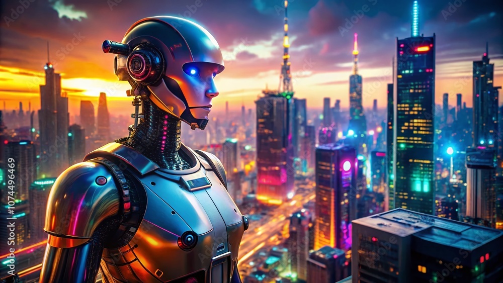 Poster futuristic aerial view of a humanoid robot integrating with ai technology in a high-tech urban envir
