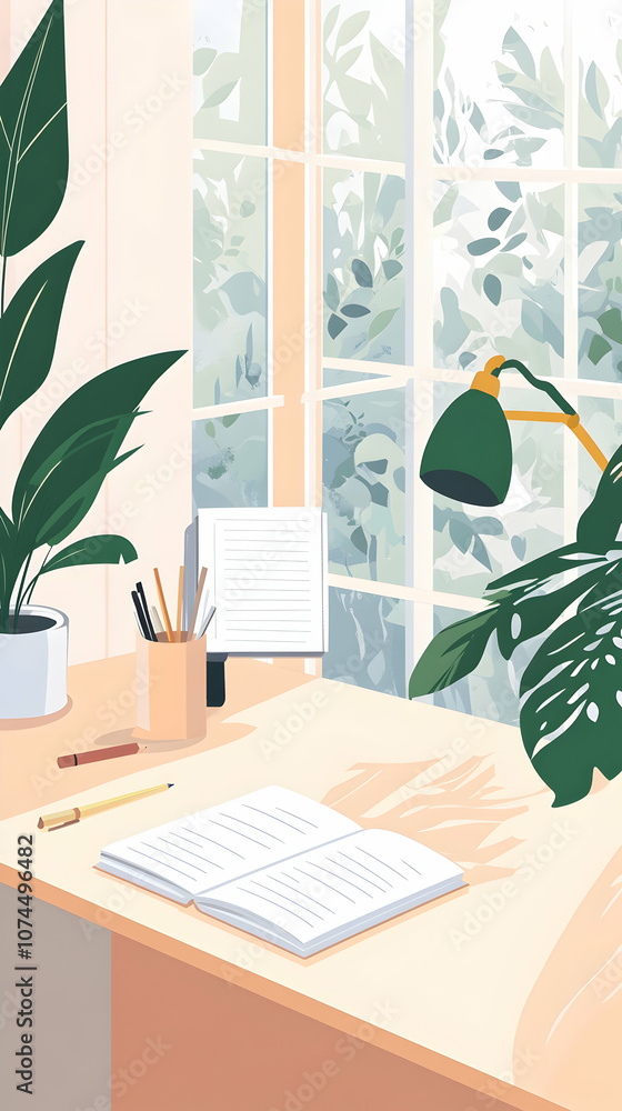 Poster an open notebook with pencils, a lamp and plants sits on a desk next to a window with a view of gree