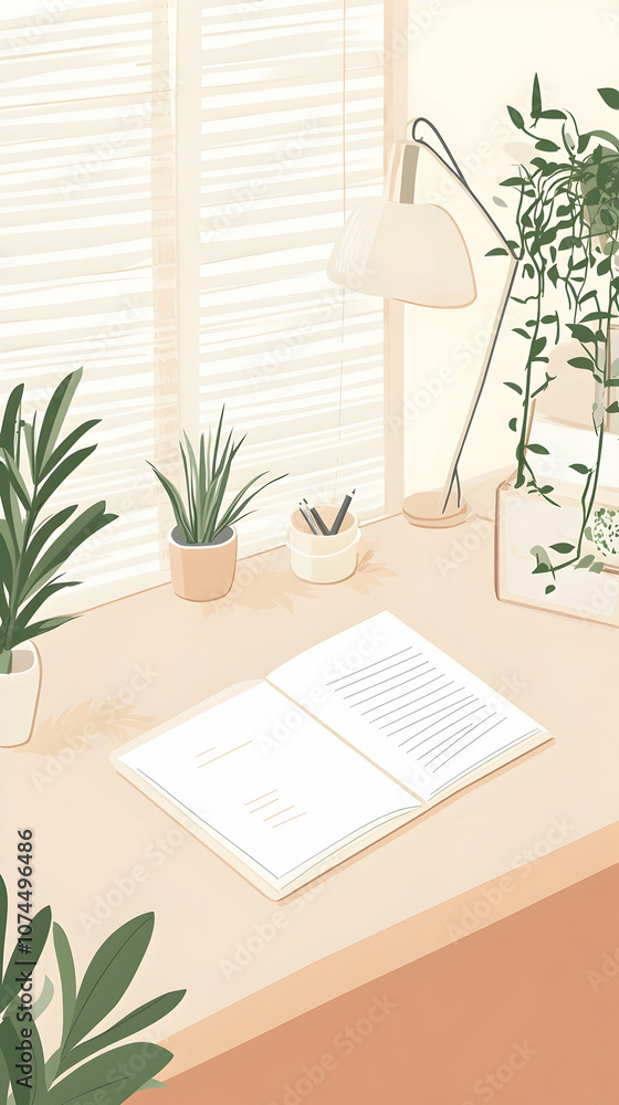Aufkleber an open notebook sits on a desk next to a lamp and potted plants, creating a cozy and inviting work 