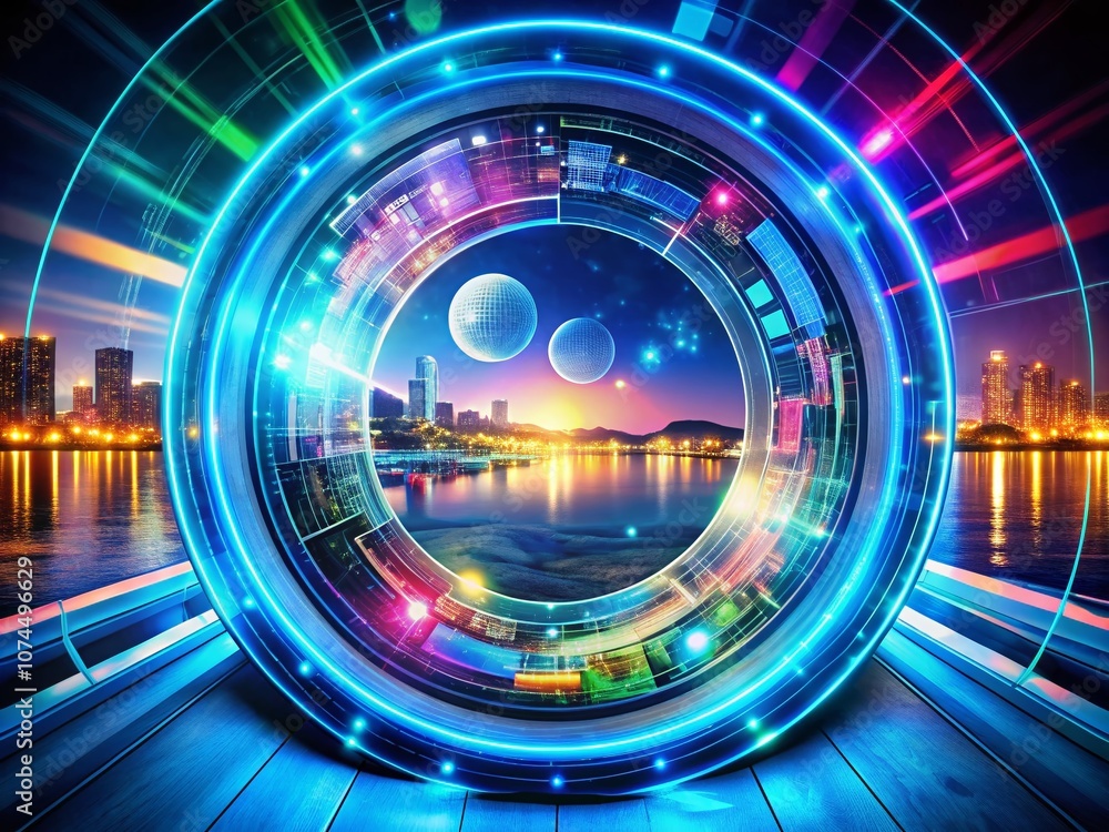 Poster futuristic circular technology interface in panoramic view, showcasing advanced digital innovations 