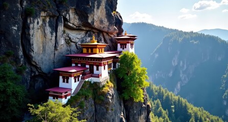 Taktsang Palphug Monastery, Bhutan, monastery perched on cliffside in mountainous terrain, under natural light. Captured with Nikon D850, highlighting spiritual solitude and majestic scenery.