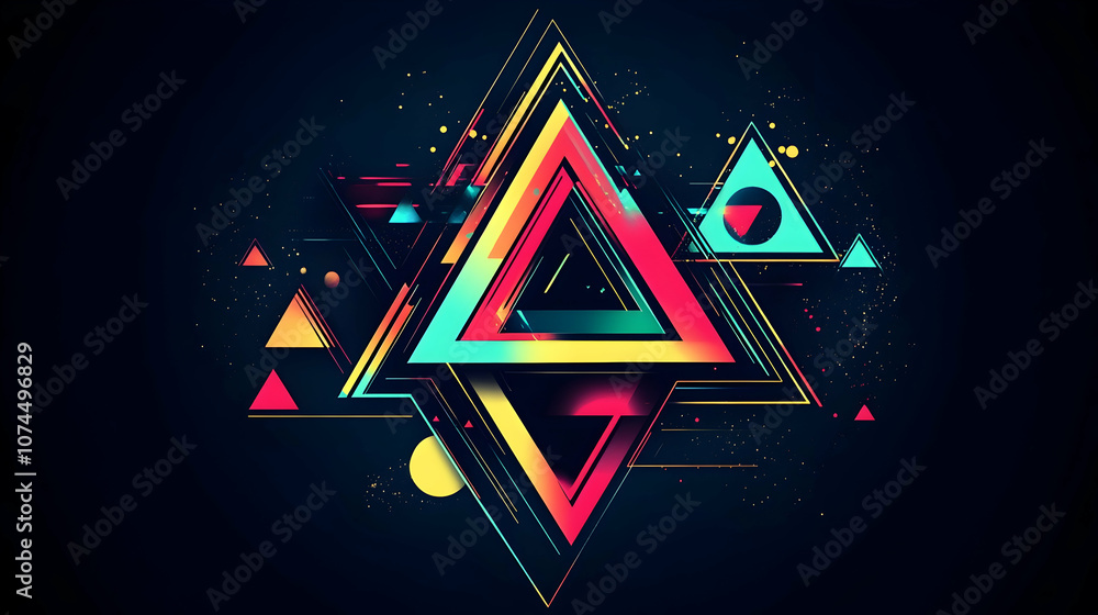 Poster abstract geometric design with overlapping triangles in vibrant colors on dark background.