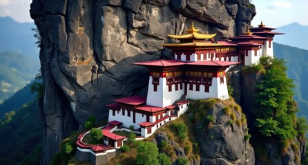 Taktsang Palphug Monastery, Bhutan, monastery perched on cliffside in mountainous terrain, under natural light. Captured with Nikon D850, highlighting spiritual solitude and majestic scenery.