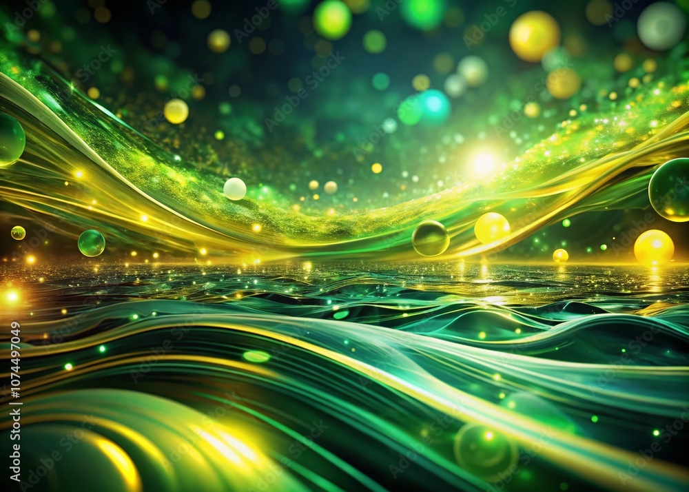 Poster futuristic green and yellow abstract background with fluid patterns and lights for sci-fi and abstra