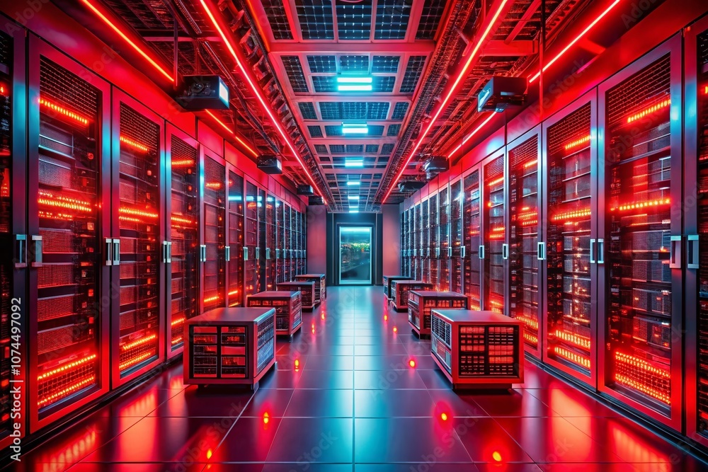 Poster futuristic high-tech server room with rows of machines illuminated by intense red lights, creating a