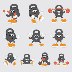 Retro kettlebell mascot character illustration