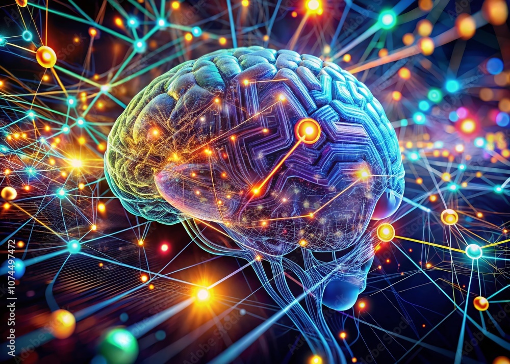 Poster futuristic macro photography of neural connections in the human brain with data overlays and advance