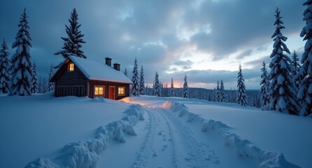 Fototapeta premium Arctic Circle, Lapland, Finland, snowy wilderness with northern lights illuminating the sky, showcasing the magical and frozen beauty of Finland’s Arctic landscape.