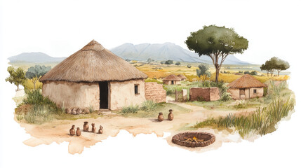 Traditional african village with thatched huts and scenic landscape