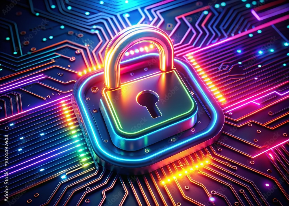 Poster futuristic security system with glowing padlock surrounded by neon lights and digital elements for m