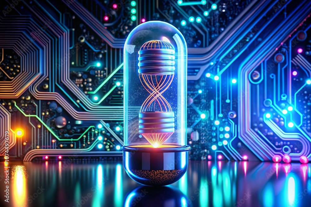 Poster futuristic vision of dna encoded in a capsule surrounded by intricate circuit board patterns and neo