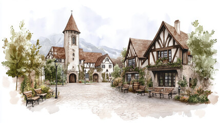 Charming medieval village with stone tower and half-timbered houses