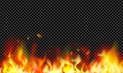 Fire background and flames effect. Flame border, bright burning blaze on a dark background. Bonfire fiery wall Glow. Campfire. The coal effect. Particle.