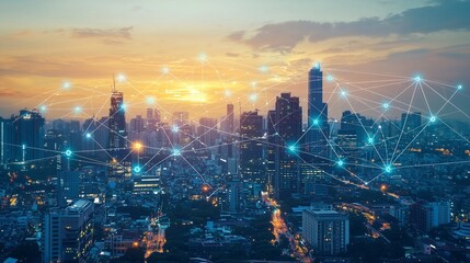 City skyline with network lines symbolizes smart city connectivity and business integration.