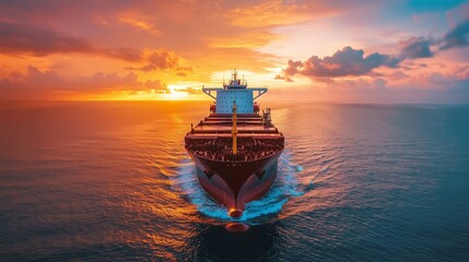 Fototapeta premium A cargo ship at sea during sunset symbolizes cybersecurity innovations securing maritime operations.