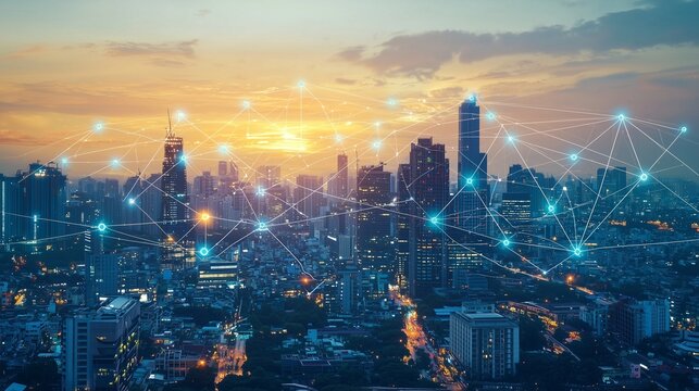 City skyline with network lines symbolizes smart city connectivity and business integration.