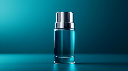 Naklejka premium Glass Bottle with Blue Liquid on Teal Background - 3D Illustration